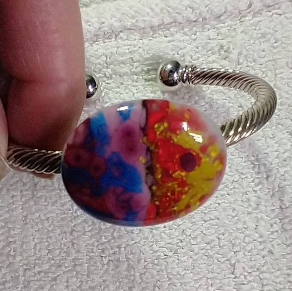 Colorful glass cabochon silvertone cuff twisted wire bracelet - Picture 1 of 4